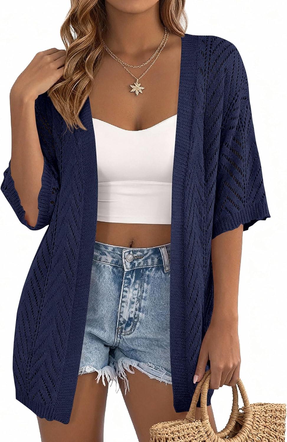 imagePRETTYGARDEN Womens Lightweight Summer Cardigans 2026 Short Sleeve Knit Crochet Coverups Spring Boho Beach Vacation ClothesNavy Blue