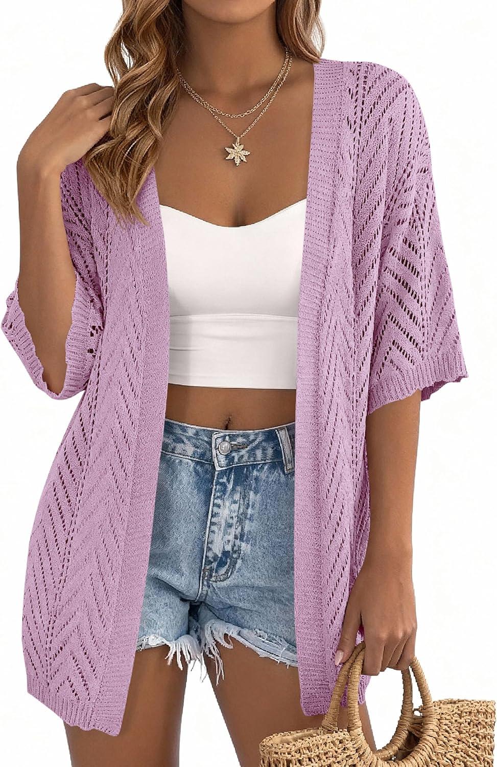 imagePRETTYGARDEN Womens Lightweight Summer Cardigans 2026 Short Sleeve Knit Crochet Coverups Spring Boho Beach Vacation ClothesPurple