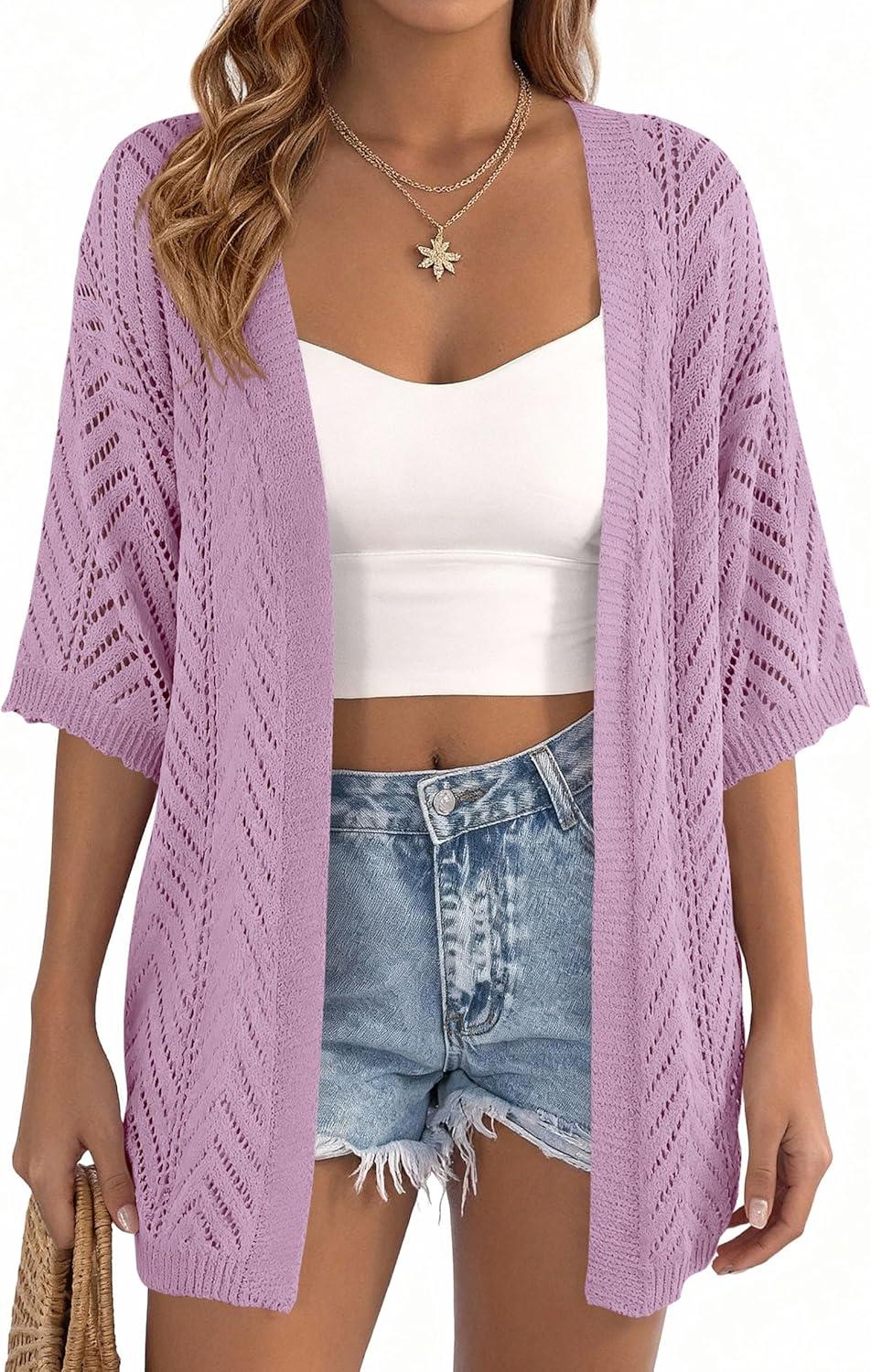 imagePRETTYGARDEN Womens Lightweight Summer Cardigans 2026 Short Sleeve Knit Crochet Coverups Spring Boho Beach Vacation ClothesPurple