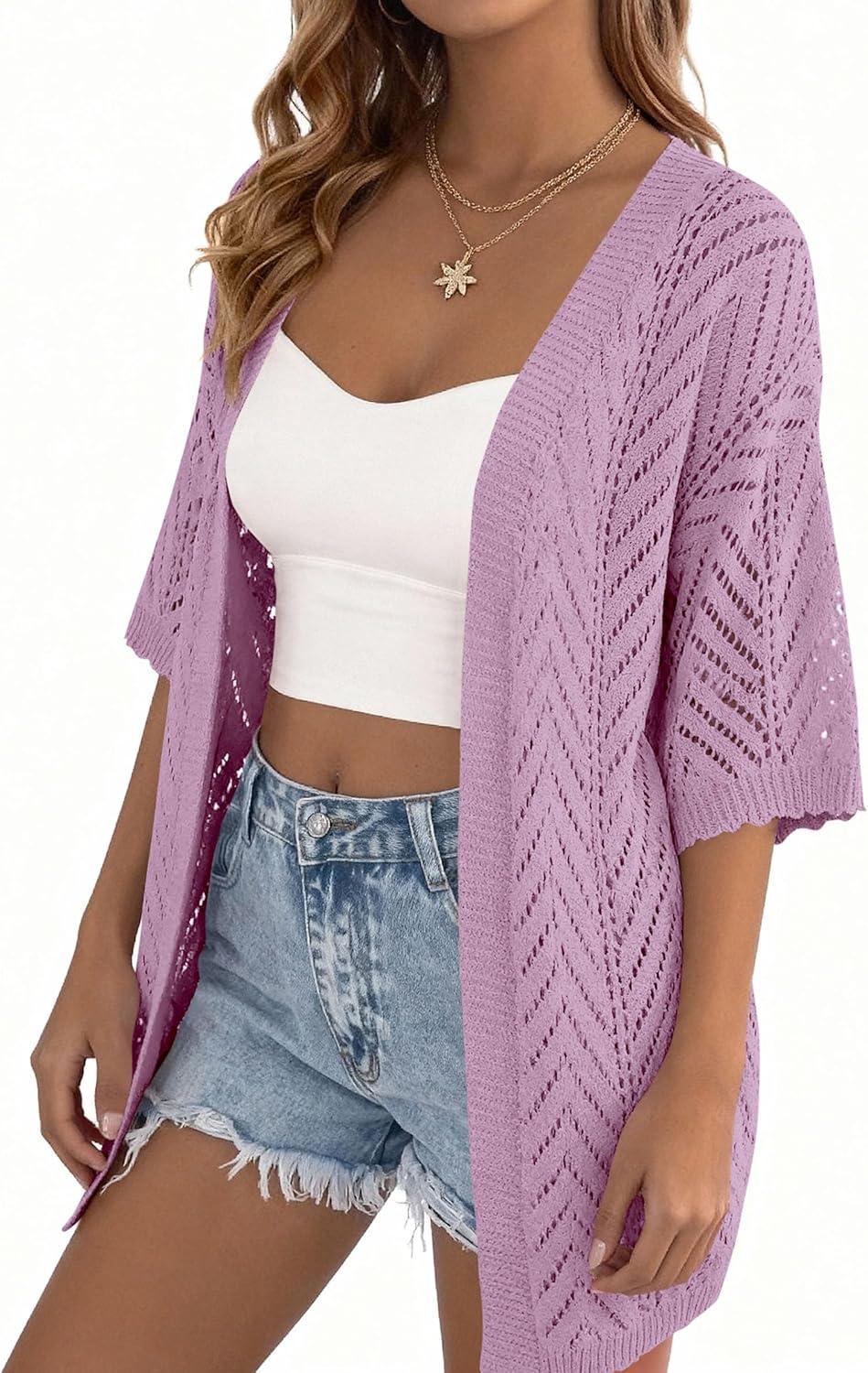 imagePRETTYGARDEN Womens Lightweight Summer Cardigans 2026 Short Sleeve Knit Crochet Coverups Spring Boho Beach Vacation ClothesPurple