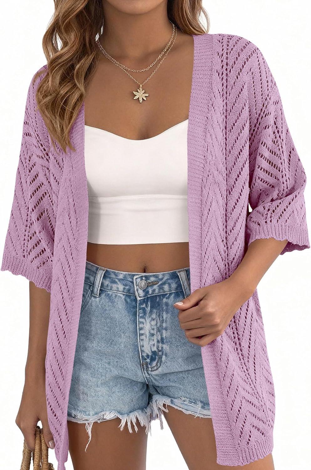 imagePRETTYGARDEN Womens Lightweight Summer Cardigans 2026 Short Sleeve Knit Crochet Coverups Spring Boho Beach Vacation ClothesPurple