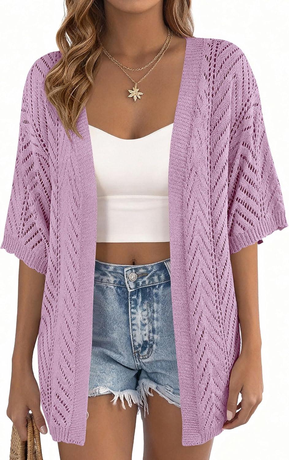 imagePRETTYGARDEN Womens Lightweight Summer Cardigans 2026 Short Sleeve Knit Crochet Coverups Spring Boho Beach Vacation ClothesPurple