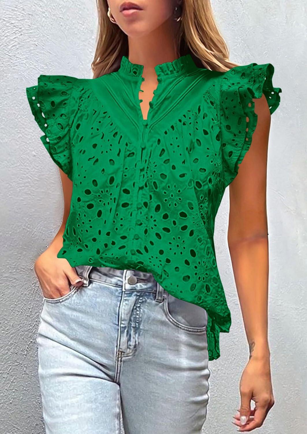 imagePRETTYGARDEN Womens Summer Tops 2026 Dressy Casual Ruffle Cap Sleeve Button V Neck Embroidered Eyelet Blouses ShirtsDark Green