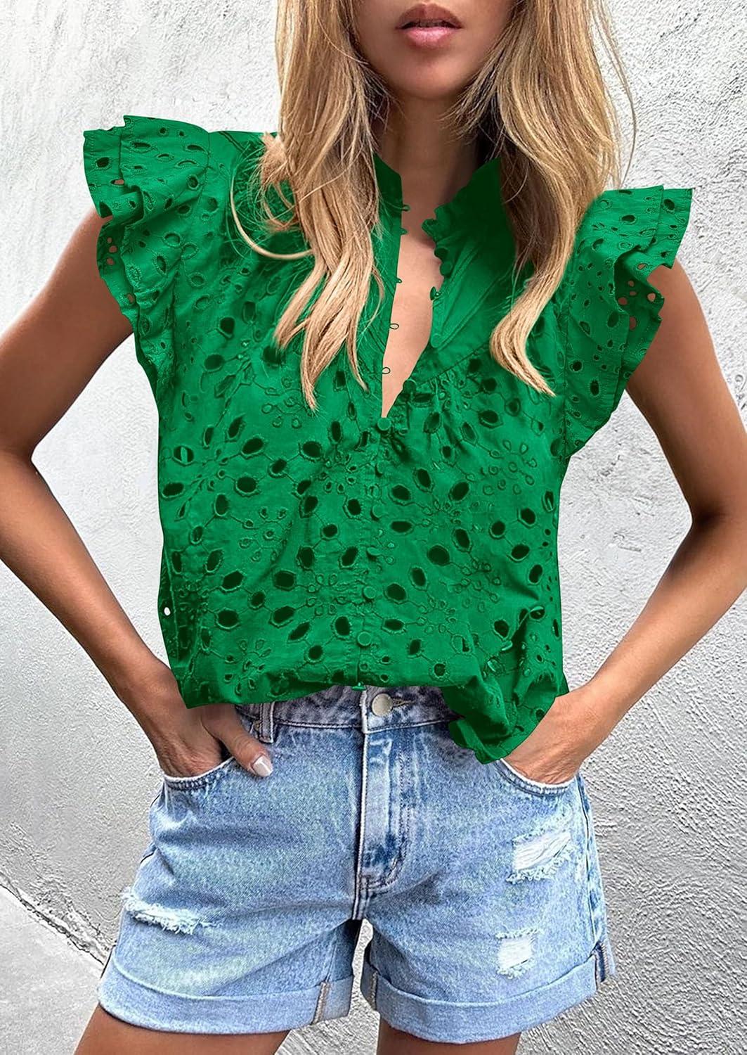 imagePRETTYGARDEN Womens Summer Tops 2026 Dressy Casual Ruffle Cap Sleeve Button V Neck Embroidered Eyelet Blouses ShirtsDark Green