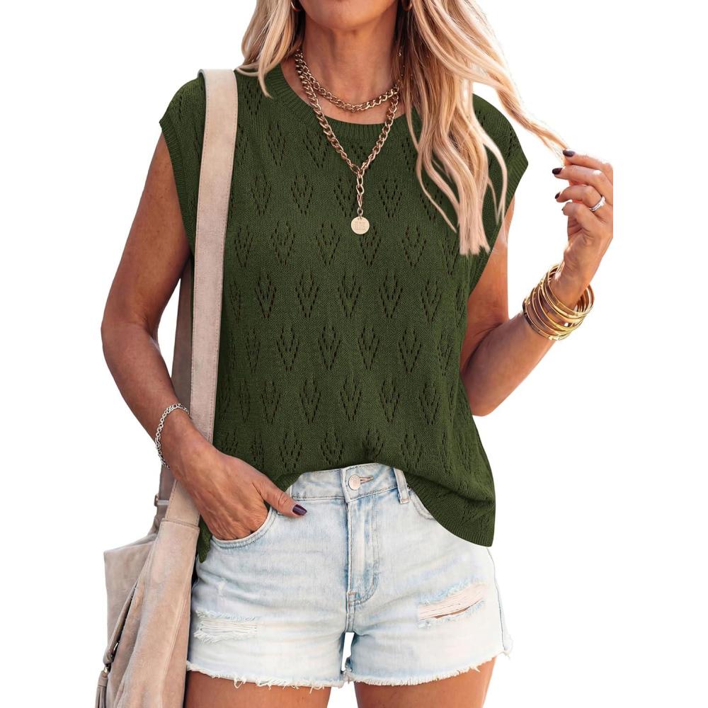 imagePRETTYGARDEN Crochet Tops for Women 2026 Summer Sweater Vest Knit Cap Sleeve Hollow Out Tank Coverup Spring Fashion ClothingArmy Green
