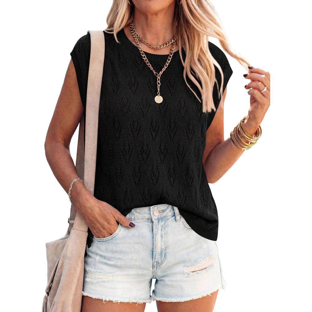 imagePRETTYGARDEN Crochet Tops for Women 2026 Summer Sweater Vest Knit Cap Sleeve Hollow Out Tank Coverup Spring Fashion ClothingBlack