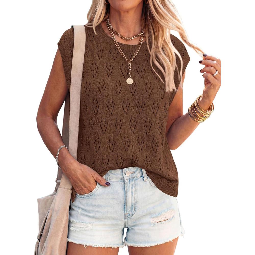 imagePRETTYGARDEN Crochet Tops for Women 2026 Summer Sweater Vest Knit Cap Sleeve Hollow Out Tank Coverup Spring Fashion ClothingBrown