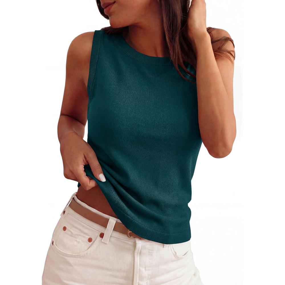 imagePRETTYGARDEN Sleeveless Sweater Tops for Women 2026 Summer Dressy Ribbed Tank Tops Spring Business Casual Work Shirts BlousesBlue Green