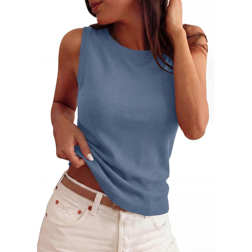 imagePRETTYGARDEN Sleeveless Sweater Tops for Women 2026 Summer Dressy Ribbed Tank Tops Spring Business Casual Work Shirts BlousesGrey Blue