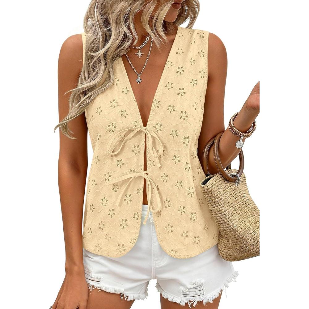 imagePRETTYGARDEN Women 2026 Summer Tie Front Eyelet Tank Tops Trendy Floral Vest Sleeveless V Neck Dressy Blouse Vacation OutfitsBeige Yellow