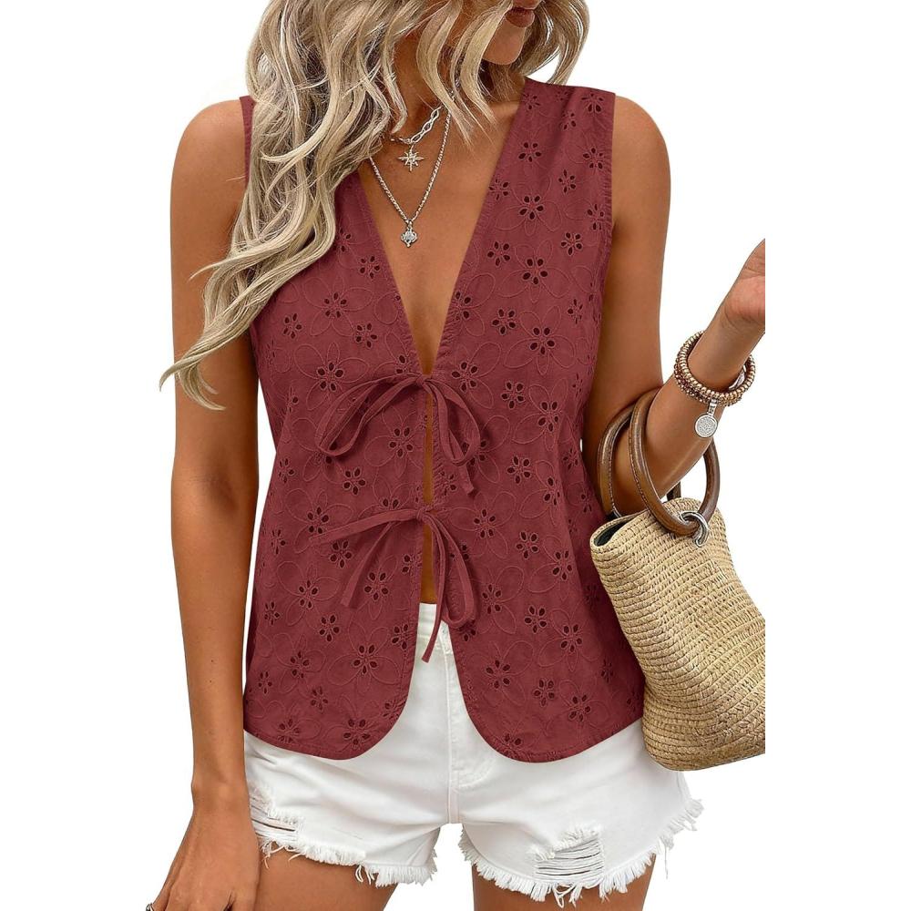 imagePRETTYGARDEN Women 2026 Summer Tie Front Eyelet Tank Tops Trendy Floral Vest Sleeveless V Neck Dressy Blouse Vacation OutfitsBrown Red