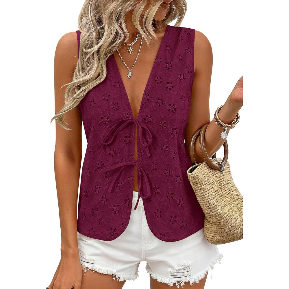 imagePRETTYGARDEN Women 2026 Summer Tie Front Eyelet Tank Tops Trendy Floral Vest Sleeveless V Neck Dressy Blouse Vacation OutfitsBurgundy