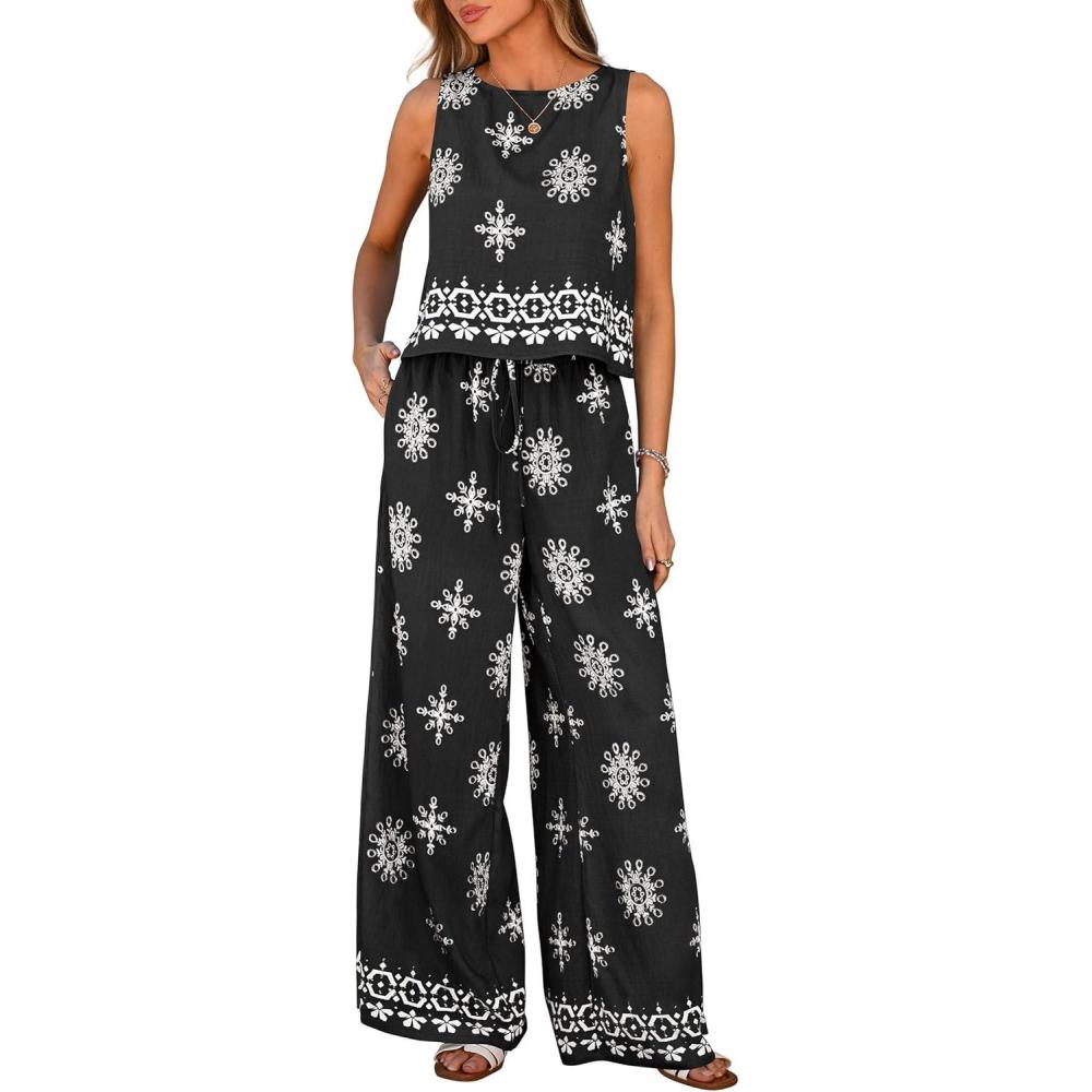 imagePRETTYGARDEN Womens 2026 Summer 2 Piece Lounge Sets Boho Floral Tank Tops Flowy Wide Peg Pants Travel Beach Vacation OutfitsFloral Black White