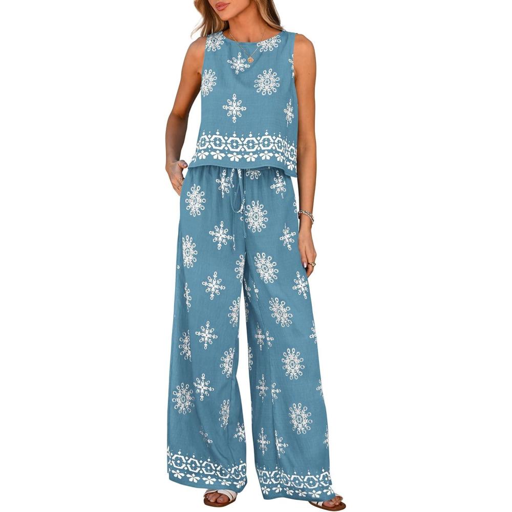 imagePRETTYGARDEN Womens 2026 Summer 2 Piece Lounge Sets Boho Floral Tank Tops Flowy Wide Peg Pants Travel Beach Vacation OutfitsFloral Grey Blue White