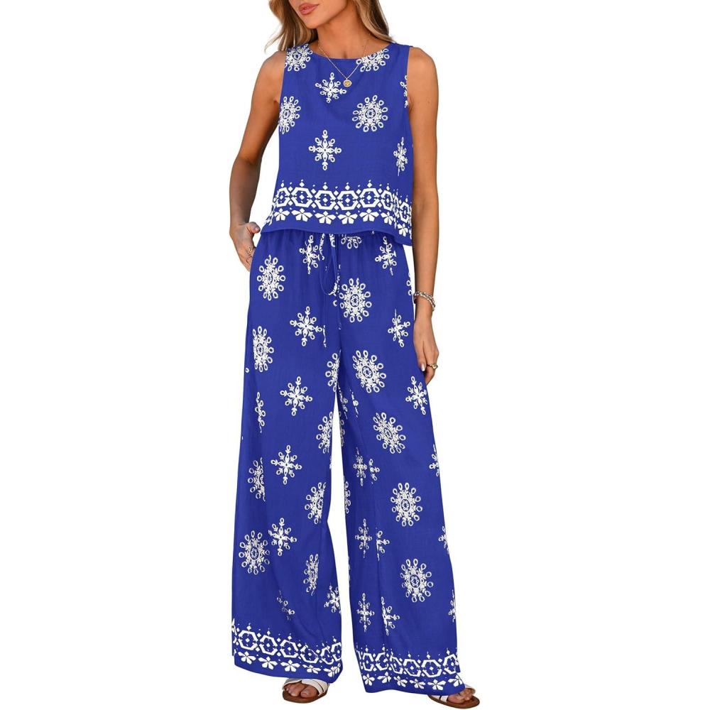 imagePRETTYGARDEN Womens 2026 Summer 2 Piece Lounge Sets Boho Floral Tank Tops Flowy Wide Peg Pants Travel Beach Vacation OutfitsFloral Royal Blue White