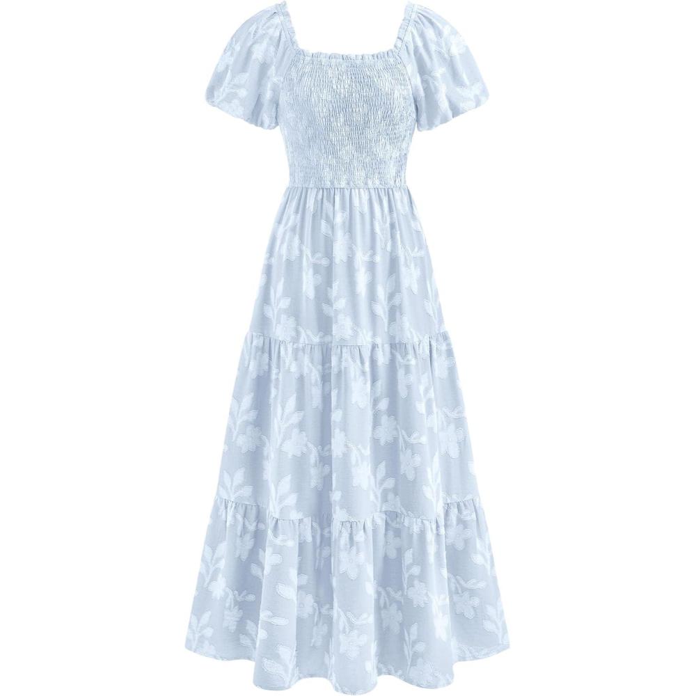 imagePRETTYGARDEN Womens 2026 Summer Boho Maxi Dresses Floral Short Sleeve Square Neck Smocked Flowy Long Dress Vacation OutfitsLight Blue