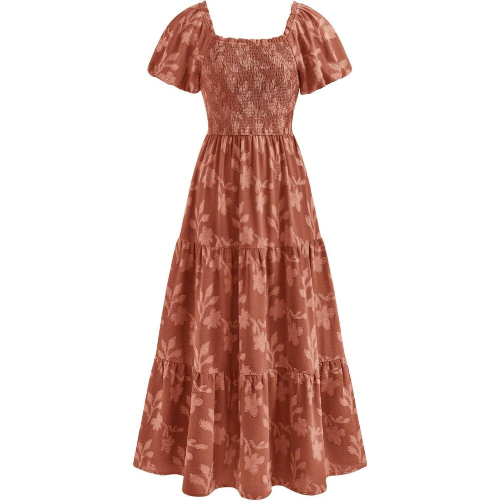 imagePRETTYGARDEN Womens 2026 Summer Boho Maxi Dresses Floral Short Sleeve Square Neck Smocked Flowy Long Dress Vacation OutfitsOrange