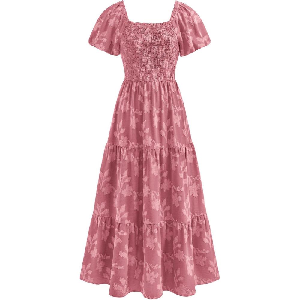 imagePRETTYGARDEN Womens 2026 Summer Boho Maxi Dresses Floral Short Sleeve Square Neck Smocked Flowy Long Dress Vacation OutfitsPink