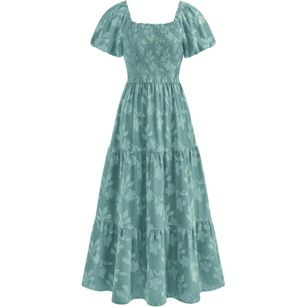 imagePRETTYGARDEN Womens 2026 Summer Boho Maxi Dresses Floral Short Sleeve Square Neck Smocked Flowy Long Dress Vacation OutfitsSage Green
