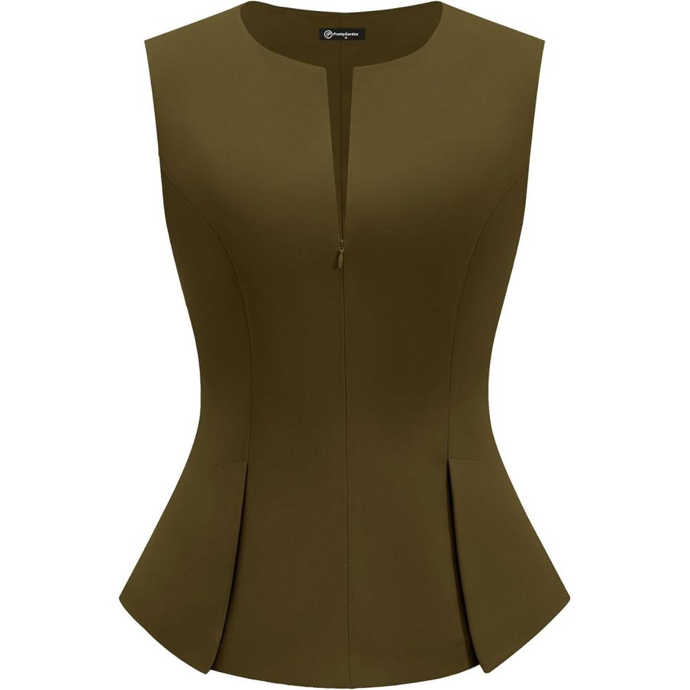 imagePRETTYGARDEN Womens 2026 Summer Vest Tops Business Casual Going Out Outfits Sleeveless Zip Up Dressy Tank Top Suit WaistcoatArmy Green