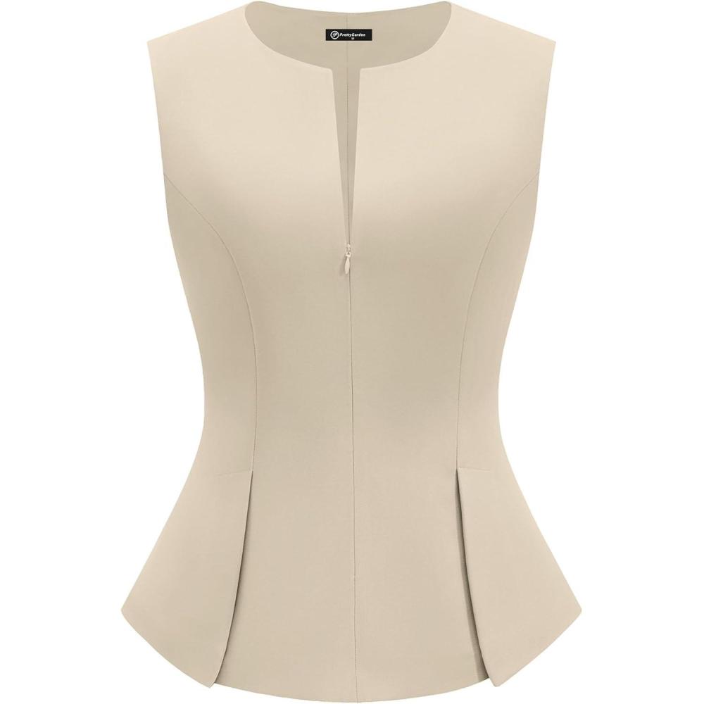 imagePRETTYGARDEN Womens 2026 Summer Vest Tops Business Casual Going Out Outfits Sleeveless Zip Up Dressy Tank Top Suit WaistcoatBeige