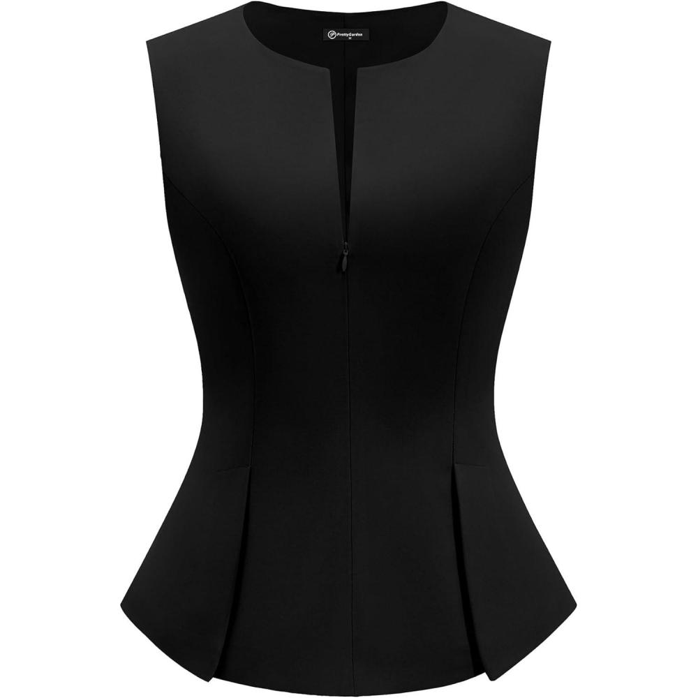 imagePRETTYGARDEN Womens 2026 Summer Vest Tops Business Casual Going Out Outfits Sleeveless Zip Up Dressy Tank Top Suit WaistcoatBlack