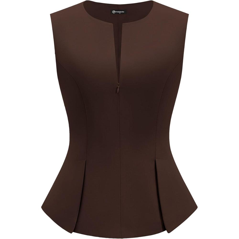 imagePRETTYGARDEN Womens 2026 Summer Vest Tops Business Casual Going Out Outfits Sleeveless Zip Up Dressy Tank Top Suit WaistcoatBrown