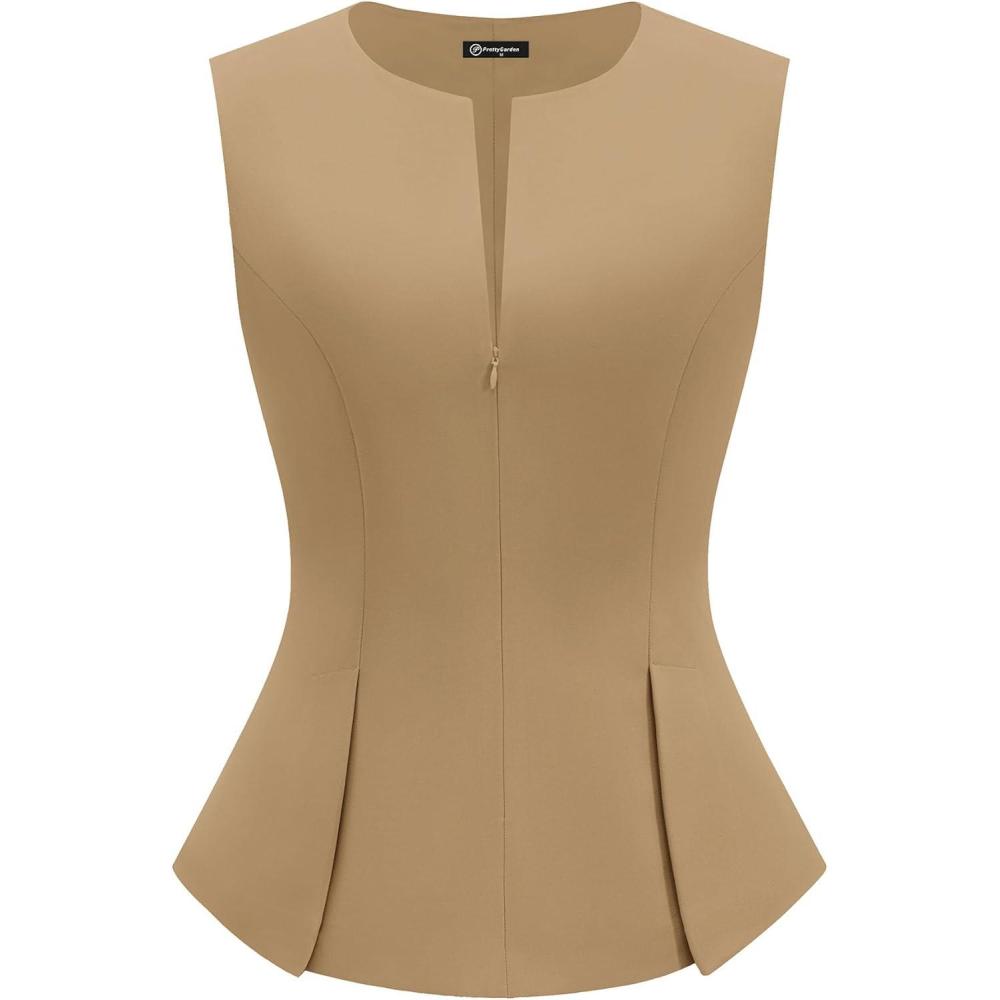 imagePRETTYGARDEN Womens 2026 Summer Vest Tops Business Casual Going Out Outfits Sleeveless Zip Up Dressy Tank Top Suit WaistcoatKhaki