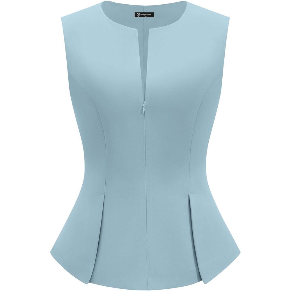 imagePRETTYGARDEN Womens 2026 Summer Vest Tops Business Casual Going Out Outfits Sleeveless Zip Up Dressy Tank Top Suit WaistcoatLight Blue