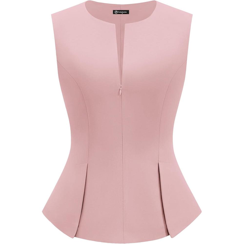 imagePRETTYGARDEN Womens 2026 Summer Vest Tops Business Casual Going Out Outfits Sleeveless Zip Up Dressy Tank Top Suit WaistcoatPink