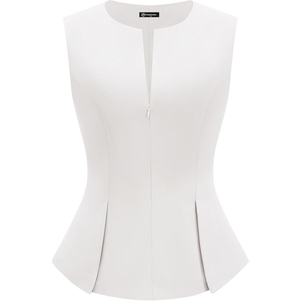 imagePRETTYGARDEN Womens 2026 Summer Vest Tops Business Casual Going Out Outfits Sleeveless Zip Up Dressy Tank Top Suit WaistcoatWhite