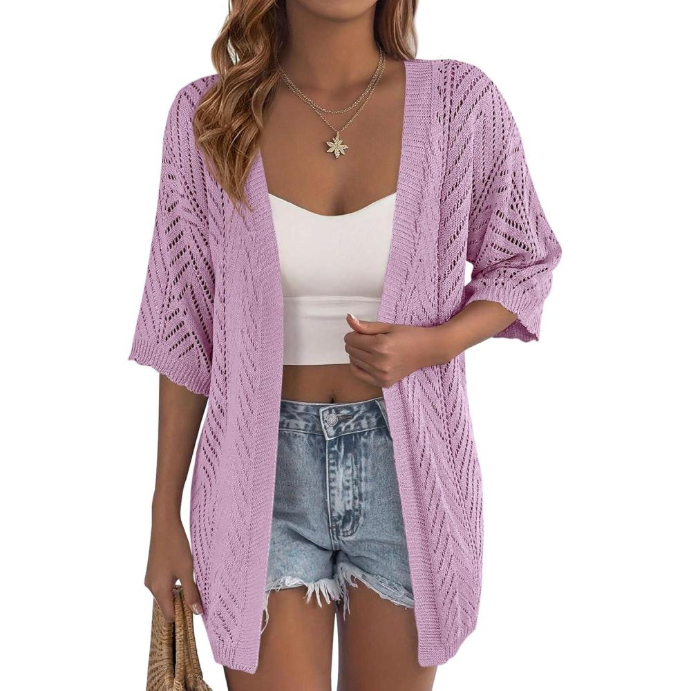 imagePRETTYGARDEN Womens Lightweight Summer Cardigans 2026 Short Sleeve Knit Crochet Coverups Spring Boho Beach Vacation ClothesPurple