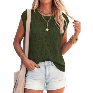 PRETTYGARDEN Crochet Tops for Women 2026 Summer Sweater Vest Knit Cap Sleeve Hollow Out Tank Coverup Spring Fashion Clothing(Army Green)