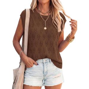 PRETTYGARDEN Crochet Tops for Women 2026 Summer Sweater Vest Knit Cap Sleeve Hollow Out Tank Coverup Spring Fashion Clothing(Brown)