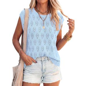 PRETTYGARDEN Crochet Tops for Women 2026 Summer Sweater Vest Knit Cap Sleeve Hollow Out Tank Coverup Spring Fashion Clothing(Light Blue)