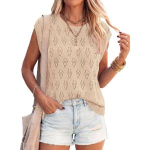 PRETTYGARDEN Crochet Tops for Women 2026 Summer Sweater Vest Knit Cap Sleeve Hollow Out Tank Coverup Spring Fashion Clothing(Light Khaki)