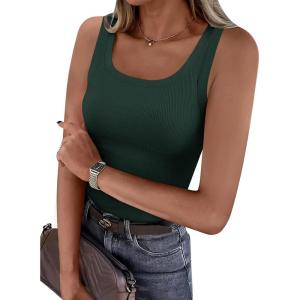 PRETTYGARDEN Tank Tops for Women 2026 Summer Sleeveless Scoop Neck Ribbed Tops Cute Spring Casual Fitted Basic Cami Shirts(Dark Green)