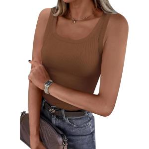 PRETTYGARDEN Tank Tops for Women 2026 Summer Sleeveless Scoop Neck Ribbed Tops Cute Spring Casual Fitted Basic Cami Shirts(Dark Khaki)