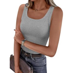 PRETTYGARDEN Tank Tops for Women 2026 Summer Sleeveless Scoop Neck Ribbed Tops Cute Spring Casual Fitted Basic Cami Shirts(Grey)