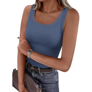 PRETTYGARDEN Tank Tops for Women 2026 Summer Sleeveless Scoop Neck Ribbed Tops Cute Spring Casual Fitted Basic Cami Shirts(Grey Blue)