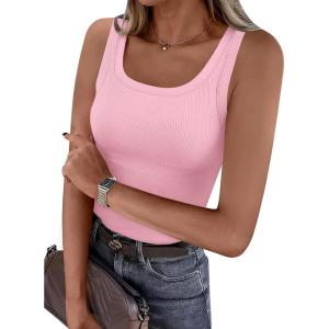 PRETTYGARDEN Tank Tops for Women 2026 Summer Sleeveless Scoop Neck Ribbed Tops Cute Spring Casual Fitted Basic Cami Shirts(Pink)