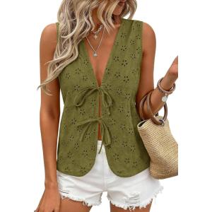 PRETTYGARDEN Women 2026 Summer Tie Front Eyelet Tank Tops Trendy Floral Vest Sleeveless V Neck Dressy Blouse Vacation Outfits(Army Green)
