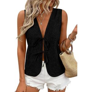 PRETTYGARDEN Women 2026 Summer Tie Front Eyelet Tank Tops Trendy Floral Vest Sleeveless V Neck Dressy Blouse Vacation Outfits(Black)