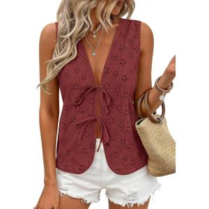 PRETTYGARDEN Women 2026 Summer Tie Front Eyelet Tank Tops Trendy Floral Vest Sleeveless V Neck Dressy Blouse Vacation Outfits(Brown Red)