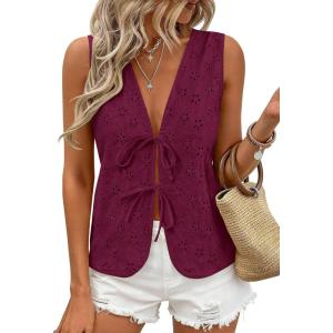 PRETTYGARDEN Women 2026 Summer Tie Front Eyelet Tank Tops Trendy Floral Vest Sleeveless V Neck Dressy Blouse Vacation Outfits(Burgundy)