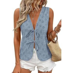 PRETTYGARDEN Women 2026 Summer Tie Front Eyelet Tank Tops Trendy Floral Vest Sleeveless V Neck Dressy Blouse Vacation Outfits(Dusty Blue)