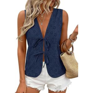 PRETTYGARDEN Women 2026 Summer Tie Front Eyelet Tank Tops Trendy Floral Vest Sleeveless V Neck Dressy Blouse Vacation Outfits(Navy Blue)