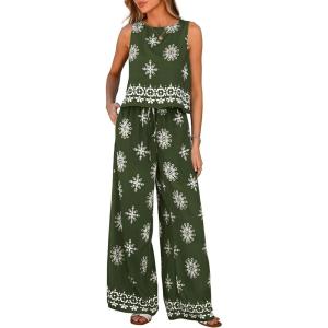 PRETTYGARDEN Women’s 2026 Summer 2 Piece Lounge Sets Boho Floral Tank Tops Flowy Wide Peg Pants Travel Beach Vacation Outfits(Floral Dark Green White)