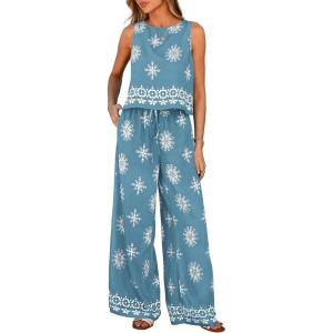 PRETTYGARDEN Women’s 2026 Summer 2 Piece Lounge Sets Boho Floral Tank Tops Flowy Wide Peg Pants Travel Beach Vacation Outfits(Floral Grey Blue White)