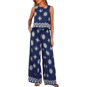 PRETTYGARDEN Women’s 2026 Summer 2 Piece Lounge Sets Boho Floral Tank Tops Flowy Wide Peg Pants Travel Beach Vacation Outfits(Floral Navy White)